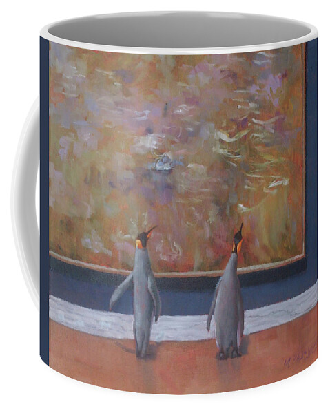 Emperor Penguins Coffee Mug featuring the painting Emperors Enjoy Monet by Marguerite Chadwick-Juner