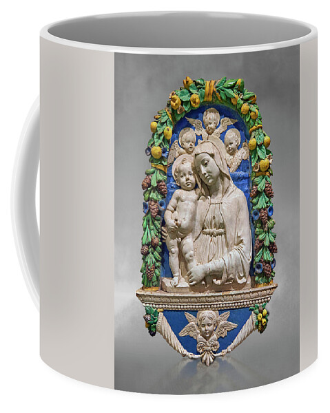 Enamelled Terracotta Relief Panel Coffee Mug featuring the relief Enamelled terracotta relief of the Virgin and Child by Andrea della Robbia 1435 by Paul E Williams
