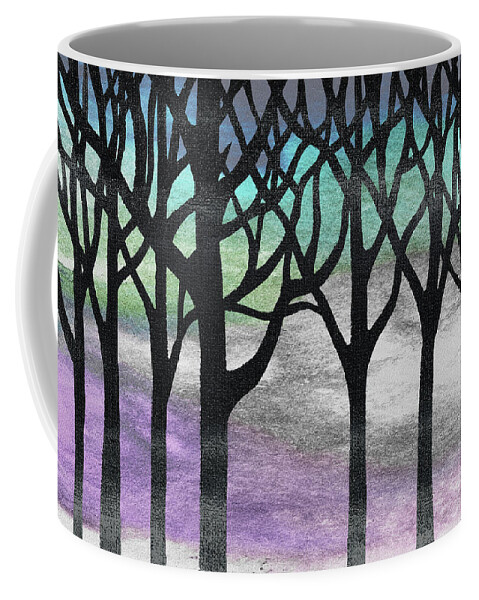 Abstract Forest Coffee Mug featuring the painting Enchanted Forest Watercolor Silhouette Trees Branches Turquoise Purple Wind by Irina Sztukowski