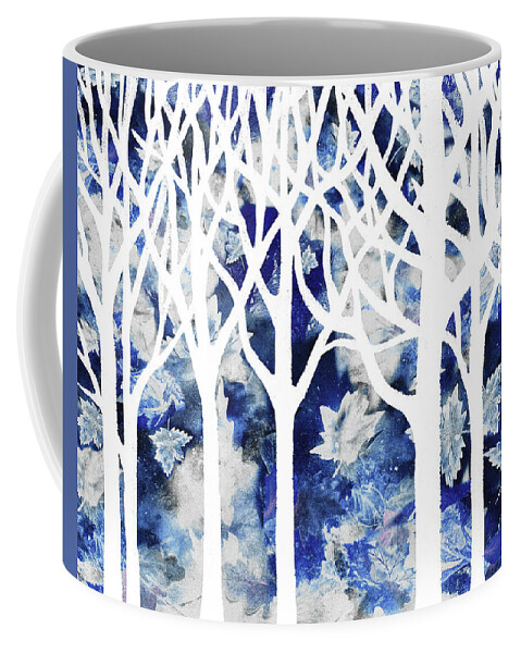 Abstract Forest Coffee Mug featuring the painting Enchanted Winter Forest Watercolor Silhouette White Trees And Branches Blue Ground by Irina Sztukowski