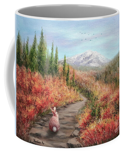 Hiking Bunny Coffee Mug featuring the painting Enter Autumn by Yoonhee Ko