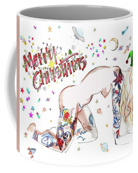 Erotic Christmas Art Coffee Mug featuring the painting Erotic Holiday Cards - Merry Amber by Carolyn Weltman