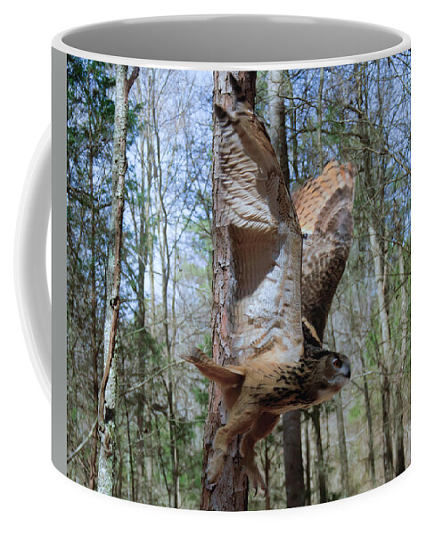 Eurasian Eagle Owl Coffee Mug featuring the photograph Eurasian Eagle Owl in flight by Flees Photos