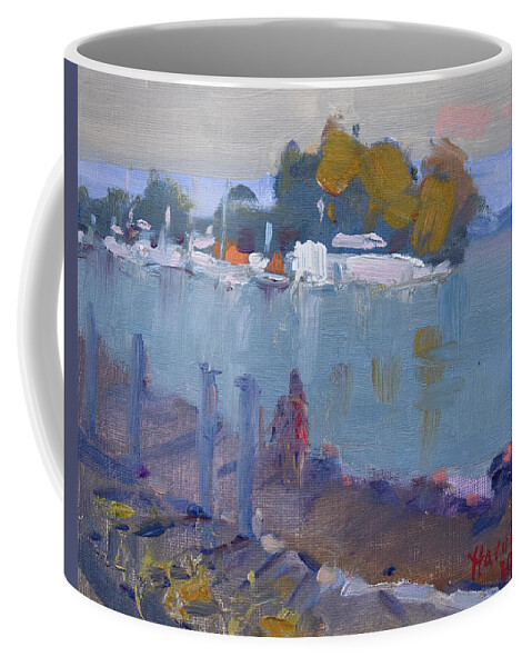 Evening Coffee Mug featuring the painting Evening at the Old Harbor by Ylli Haruni