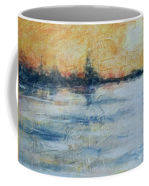 Water Abstract Impressionist Land Sun Sky Trees Hills Black White Orange Yellow Blue Reflection Shadows Texture Marks Coffee Mug featuring the painting Evening by Ida Eriksen