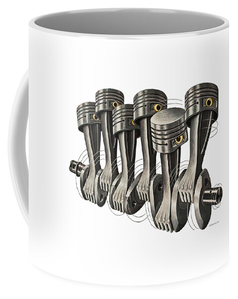 1940s Coffee Mug featuring the drawing Exclusive Retrographs Living Machines rotating crankshaft with eyeballs, part of a series by Boris Artzybasheef
