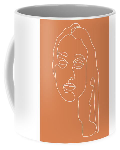 Portrait Coffee Mug featuring the mixed media Face 08 - Abstract Minimal Line Art Portrait of a Girl - Single Stroke Portrait - Terracotta, Brown by Studio Grafiikka