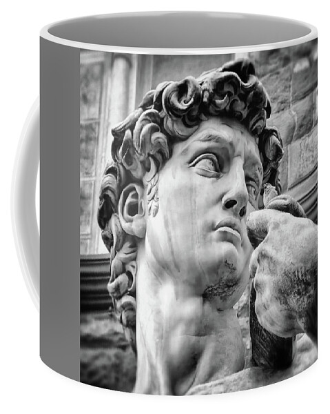 David Coffee Mug featuring the photograph Face Detail of David by Michelangelo Florence Black and White by Carol Japp