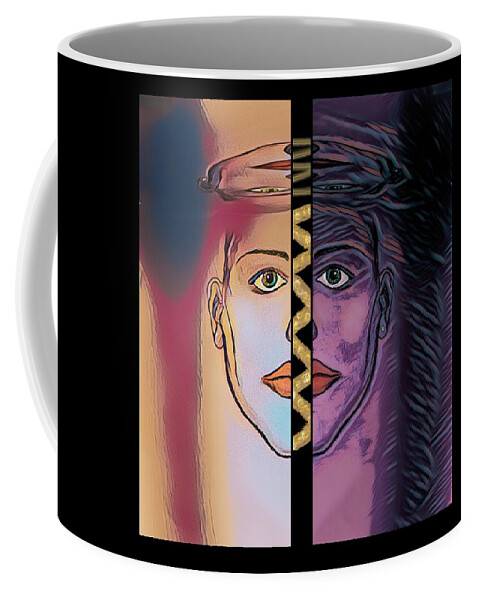 Modern Abstract Coffee Mug featuring the mixed media Faces Split Personality by Joan Stratton