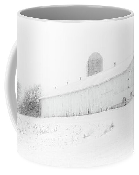 Barn Coffee Mug featuring the photograph Fade to White - Vanishing point perspective of WI barn in blizzard by Peter Herman