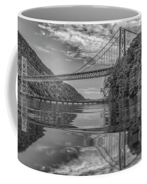 Bear Mountain Coffee Mug featuring the photograph Fall At Bear Mountain Bridge BW by Susan Candelario