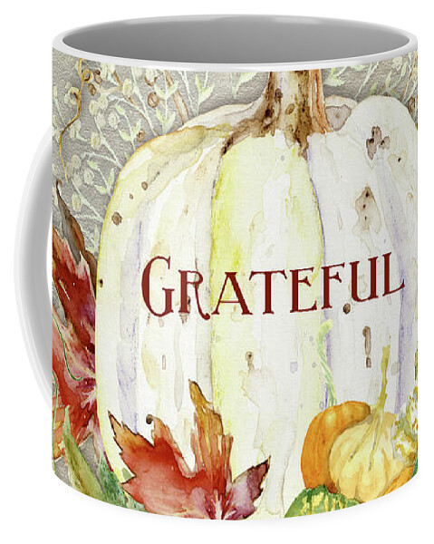 Watercolor Coffee Mug featuring the painting Fall Autumn Grateful Harvest White Pumpkin and Leaves by Audrey Jeanne Roberts