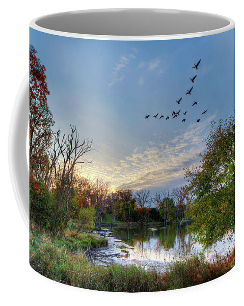 Geese Pond Autumn Fall Trees Color Horizontal Landscape Scenic Blue Green Goose Hunting Sunset Coffee Mug featuring the photograph Fall Flight by Peter Herman