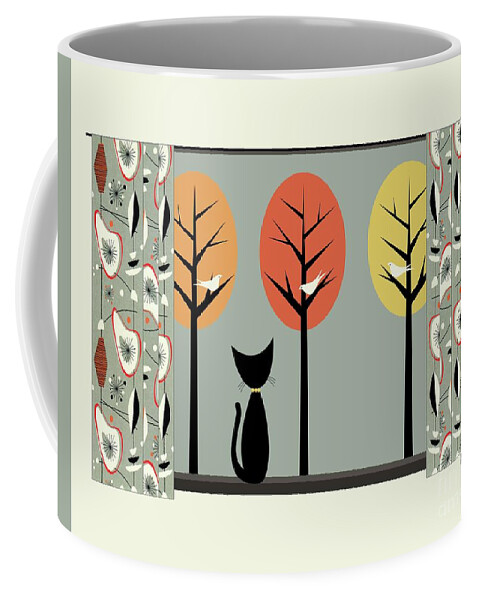  Coffee Mug featuring the digital art Fall Window with Retro Curtains by Donna Mibus