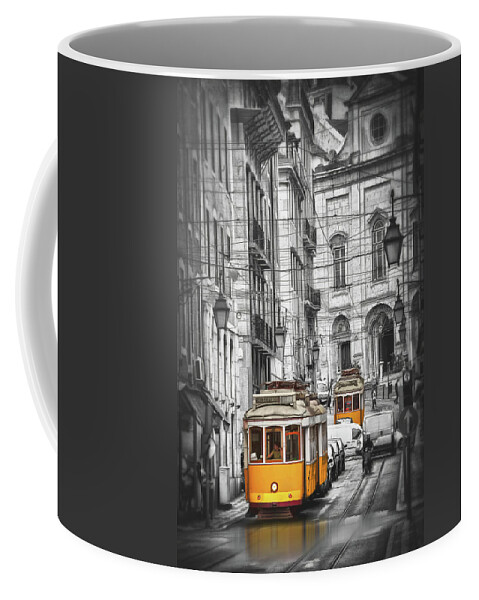 Lisbon Coffee Mug featuring the photograph Famous Yellow Streetcars of Lisbon Portugal by Carol Japp