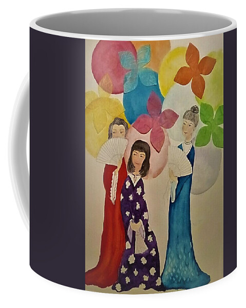 Asian Ladies Coffee Mug featuring the painting Fans and Paper Lanterns by Susan Nielsen