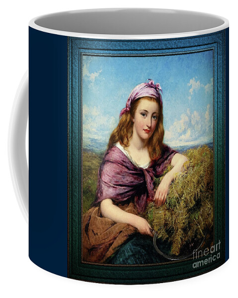 Farm Girl Coffee Mug featuring the painting Farm Girl with Sickle and Cut Flowers by Edward John Cobbett Classical Art Old Masters Reproduction by Rolando Burbon