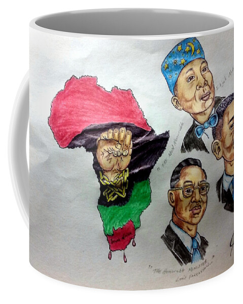 The Most Honorable Elijah Muhammad Coffee Mug featuring the drawing Farrakhan, Elijah Muhammad, and President Obama by Joedee