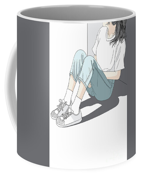 Graphic Coffee Mug featuring the digital art Fashion Girl Sitting Against The Wall - Line Art Graphic Illustration Artwork by Sambel Pedes