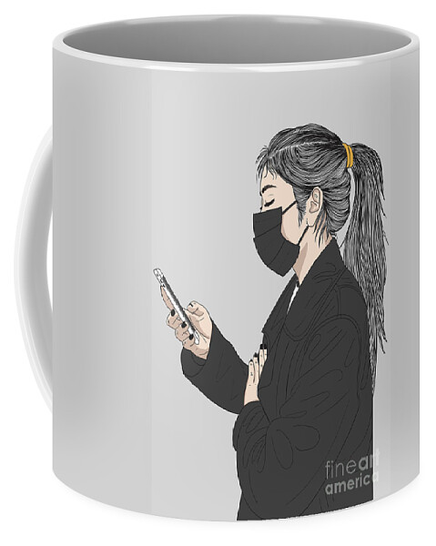 Graphic Coffee Mug featuring the digital art Fashion Woman With A Mask Holding A Phone - Line Art Graphic Illustration Artwork by Sambel Pedes