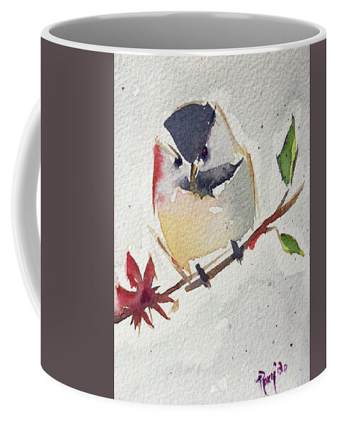 Chickadee Coffee Mug featuring the painting Fat little Chickadee by Roxy Rich