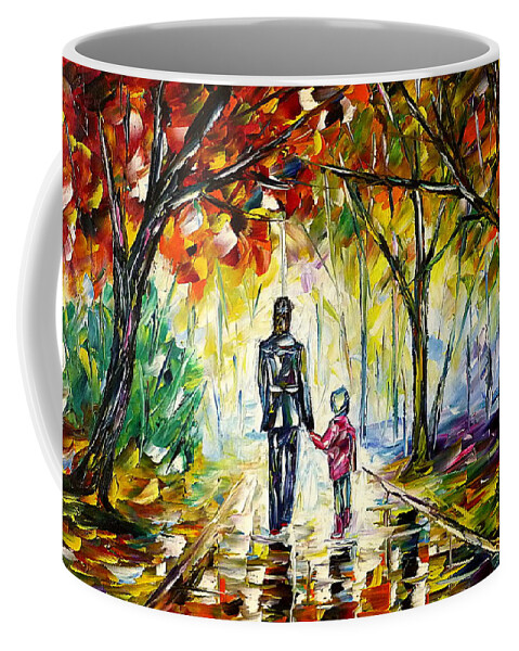 Autumn Walk Coffee Mug featuring the painting Father With Daughter In The Park by Mirek Kuzniar