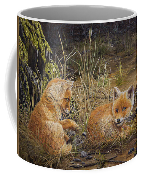 North American Wildlife Coffee Mug featuring the painting Feathers - Red Fox Kits by Johanna Lerwick