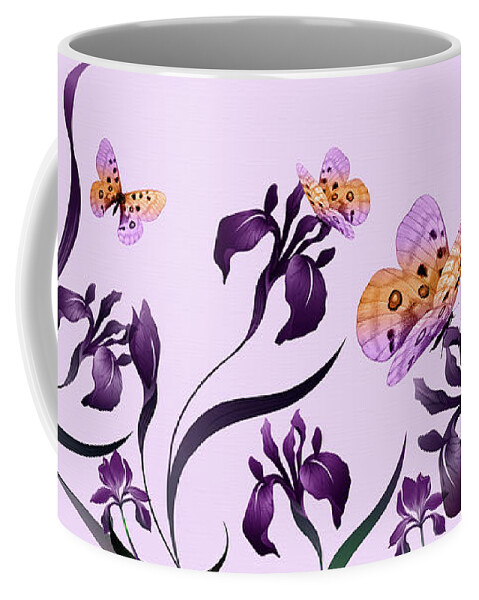 Birthday Coffee Mug featuring the digital art February Birthday Purple Iris with Butterflies by Doreen Erhardt