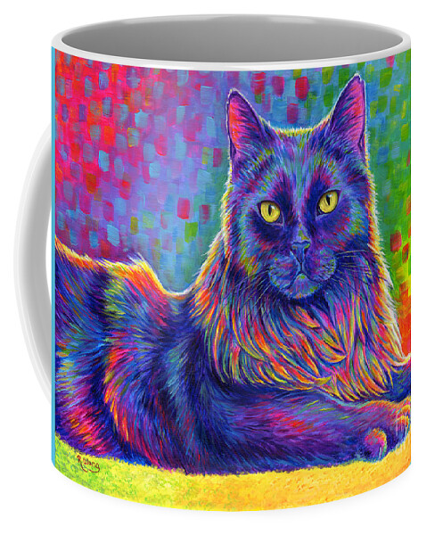 Cat Coffee Mug featuring the painting Psychedelic Rainbow Black Cat - Felix by Rebecca Wang