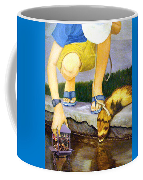 Ferret Coffee Mug featuring the digital art Ferret and Boy with Toy Cart by Karen Zuk Rosenblatt