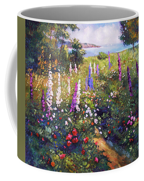 Landscape Coffee Mug featuring the painting Field Of Hollyhocks by David Lloyd Glover
