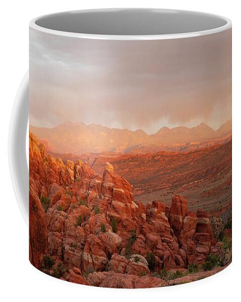 Arches National Park Coffee Mug featuring the photograph Fiery Furnace Sunset Panorama by Aaron Spong