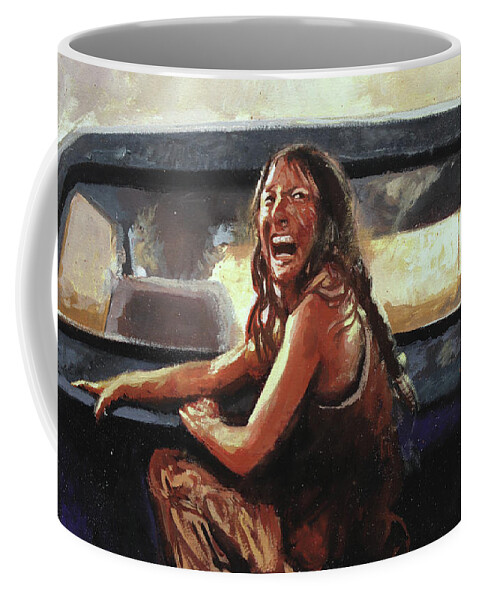 Girl Coffee Mug featuring the painting Final Girl Texas Chainsaw Massacre by Sv Bell