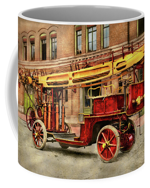 Fireman Art Coffee Mug featuring the photograph Fire Truck - An electric ladder truck 1907 by Mike Savad
