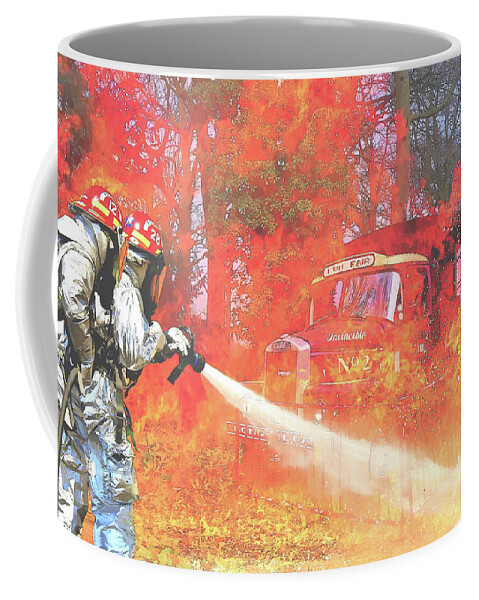 Fire Coffee Mug featuring the digital art Firefighters Saving Burning Antique Fire Engine by Shelli Fitzpatrick