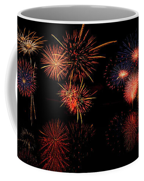 Panorama Coffee Mug featuring the photograph Fireworks Reflection In Water Panorama by Lena Owens - OLena Art Vibrant Palette Knife and Graphic Design