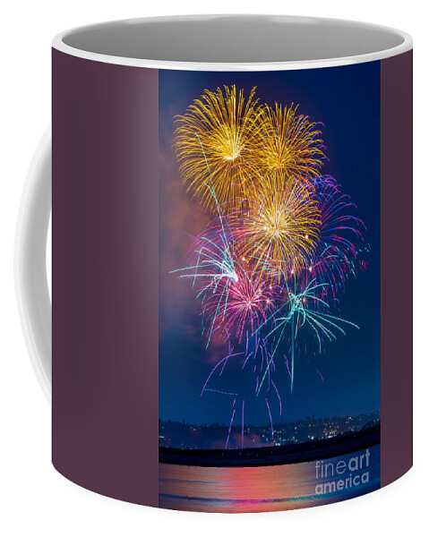 Night Coffee Mug featuring the photograph Fireworks show from Seaworld as seen from Ski Beach in Mission Bay by Sam Antonio