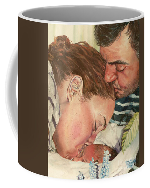 Family Coffee Mug featuring the painting First Family Kiss by Merana Cadorette