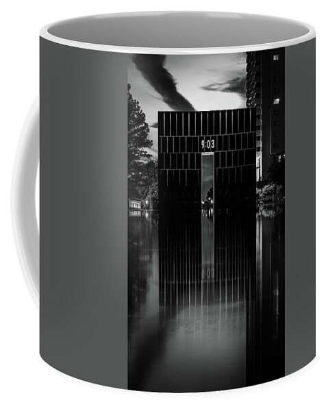 Oklahoma Coffee Mug featuring the photograph First Moment of Recovery Oklahoma City Memorial Night BW by Joan Carroll