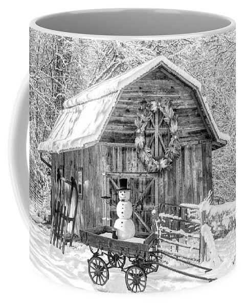 White Coffee Mug featuring the photograph First Snowman of the Season Black and White by Debra and Dave Vanderlaan