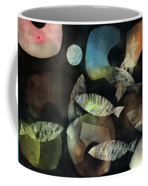 Abstract Coffee Mug featuring the painting Fish Moon by Winston Saoli 1950-1995