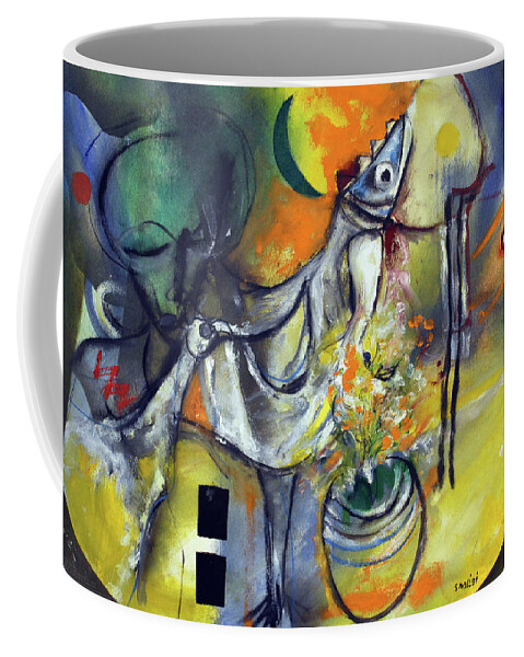 African Art Coffee Mug featuring the painting Fishbirdman I am by Winston Saoli 1950-1995