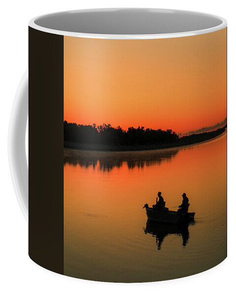 Fishermen Silhouetted At Sunrise Coffee Mug featuring the photograph Fishermen Silhouetted At Sunrise by Dan Sproul