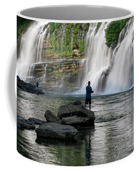 Rock Island State Park. Twin Falls Coffee Mug featuring the photograph Fishing At Twin Falls 2 by Phil Perkins