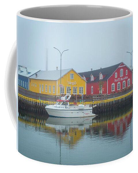 Landscape Coffee Mug featuring the photograph Fishing Boat and Colorful Reflections in Siglufjordur by Kristia Adams