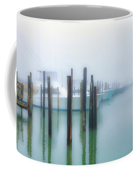 North Carolina Coffee Mug featuring the photograph Fishing Boats in Morning Fog Horiz LS by Dan Carmichael