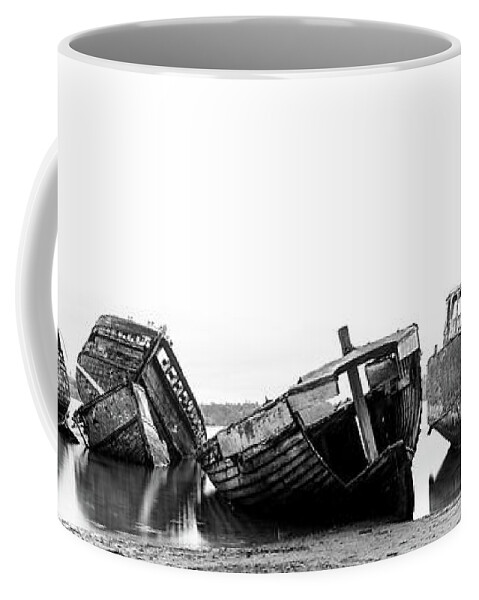 Panorama Coffee Mug featuring the photograph Fishing Boats Shipwrecks Black and white by Sonny Ryse