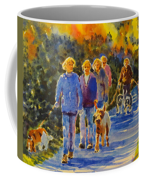 Fall Coffee Mug featuring the painting Five Dog Walkers by David Gilmore