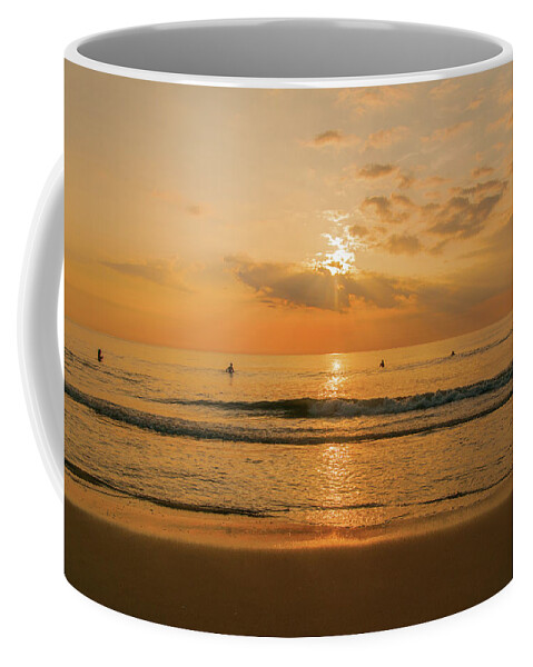 Surfing Coffee Mug featuring the photograph Five Surfers at Sunrise by John Quinn