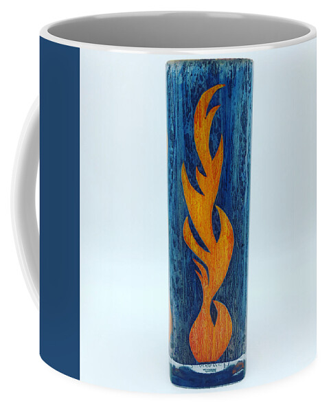 Glass Coffee Mug featuring the glass art Flame on Blue by Christopher Schranck